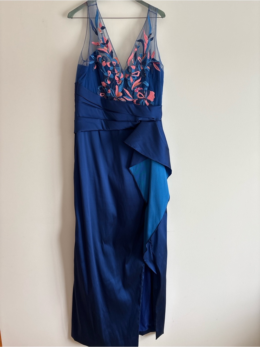 Marchesa Navy Blue V-Neck Prom Gown with Pink Embroidery